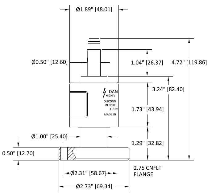 Dimensional drawing of the Televac® 7F Cold Cathode Vacuum Gauge.