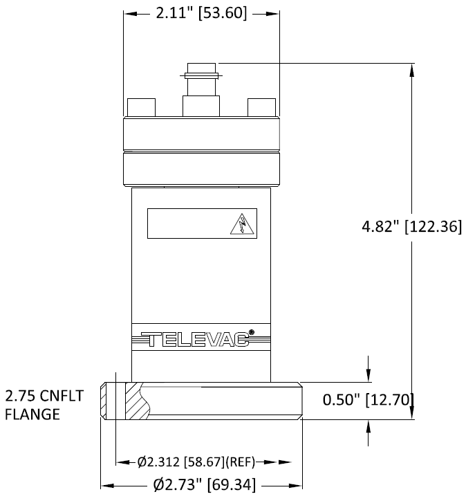 Dimensional drawing of the Televac® 7FC Cold Cathode Vacuum Gauge.