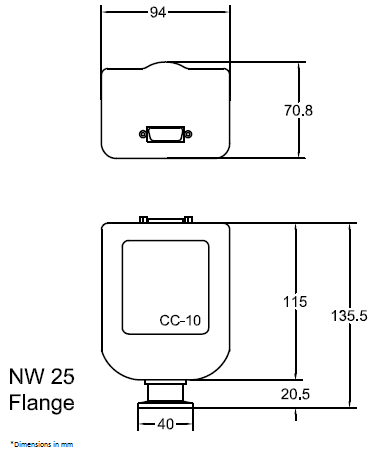 Dimensional drawing of the Televac® CC-10 Wide Range Active Vacuum Gauge.