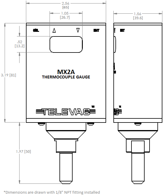 Dimensional drawing of the Televac® MX2A Thermocouple Active Vacuum Gauge.