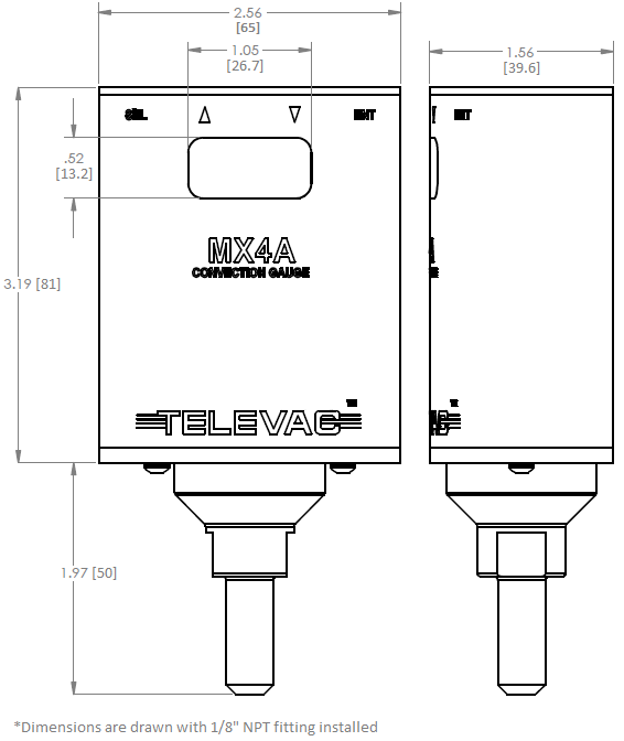 Dimensional drawing of the Televac® MX4A Convection Active Vacuum Gauge.