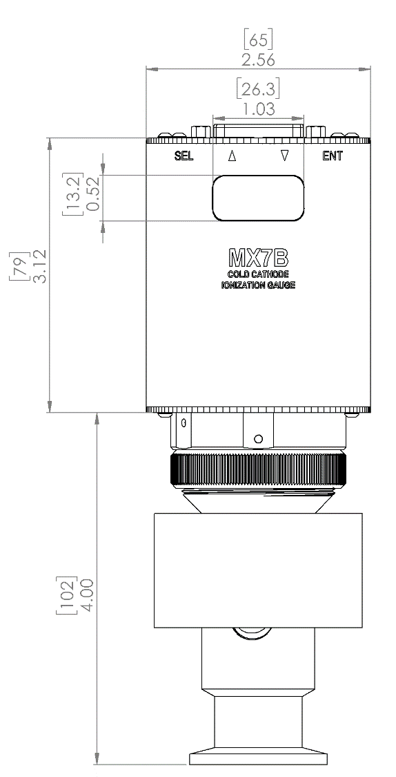 Dimensional drawing of the Televac® MX7B Cold Cathode Active Vacuum Gauge.