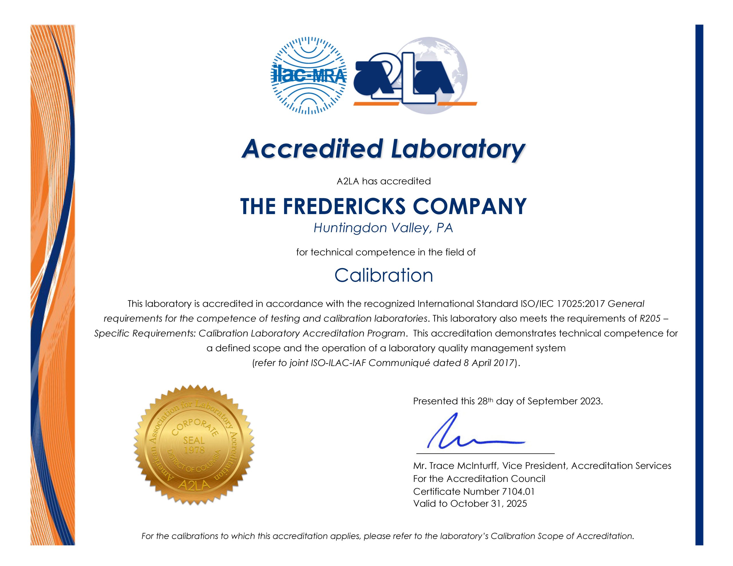 The Fredericks Company 17025:2017 certificate for vacuum calibration