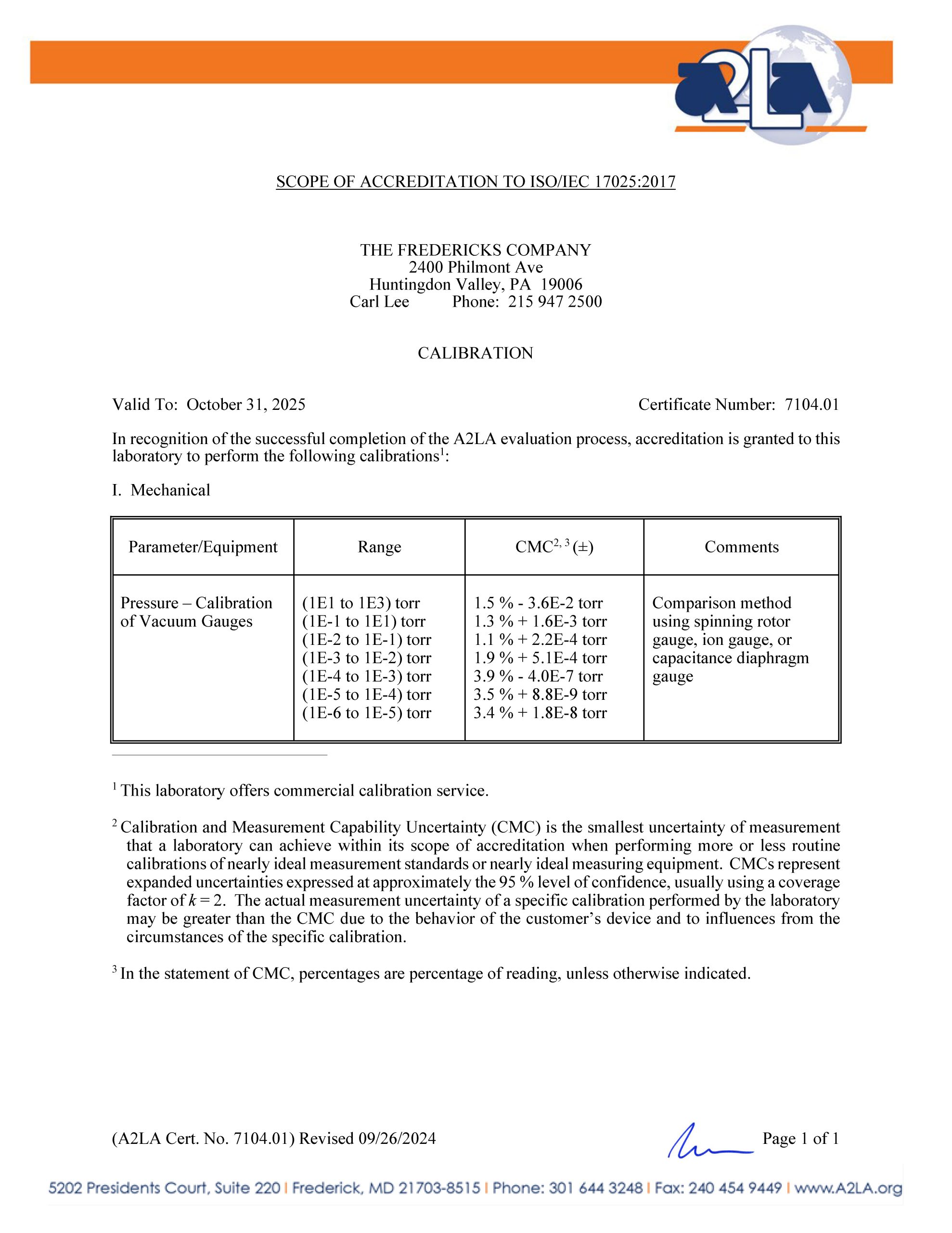 The Fredericks Company 17025:2017 Scope of Accreditation for vacuum calibration