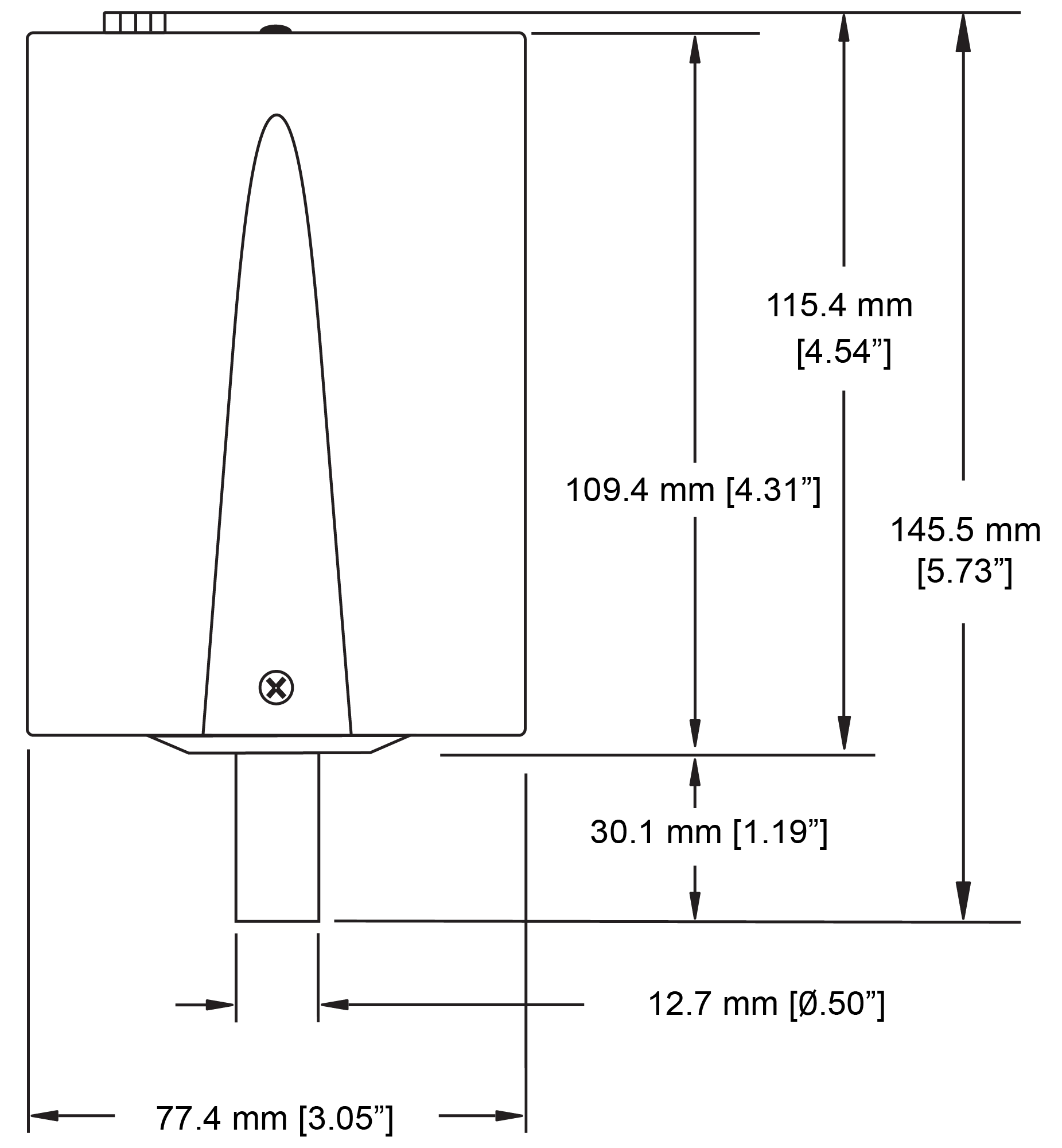 Dimensional drawing of the Televac® MX2A Thermocouple Active Vacuum Gauge.